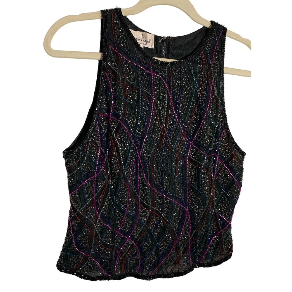 Laurence Kazar Vintage 80's Women's Size L 100% Silk Lined Beaded Sleeveless Top - Picture 2 of 8